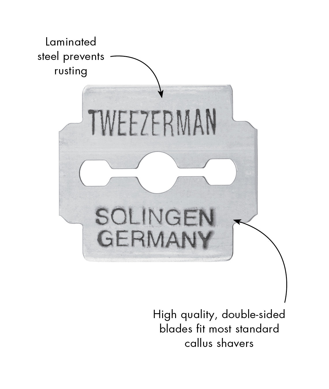 Singular callus shaver blade. Laminated steel prevents rusting. High quality, double-sided blade fits most standard size callus shavers