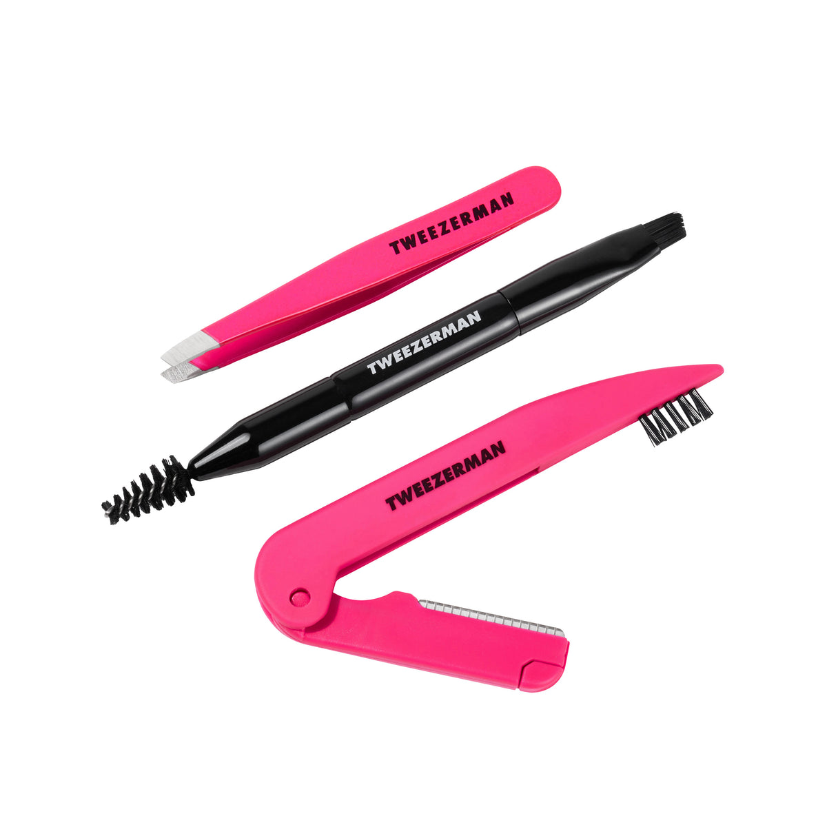 Mini Brow Rescue Kit including Mini Pink Slant Tweezer, Mini Angled Brow Brush and Pink Dual-sided Precision Folding Razor