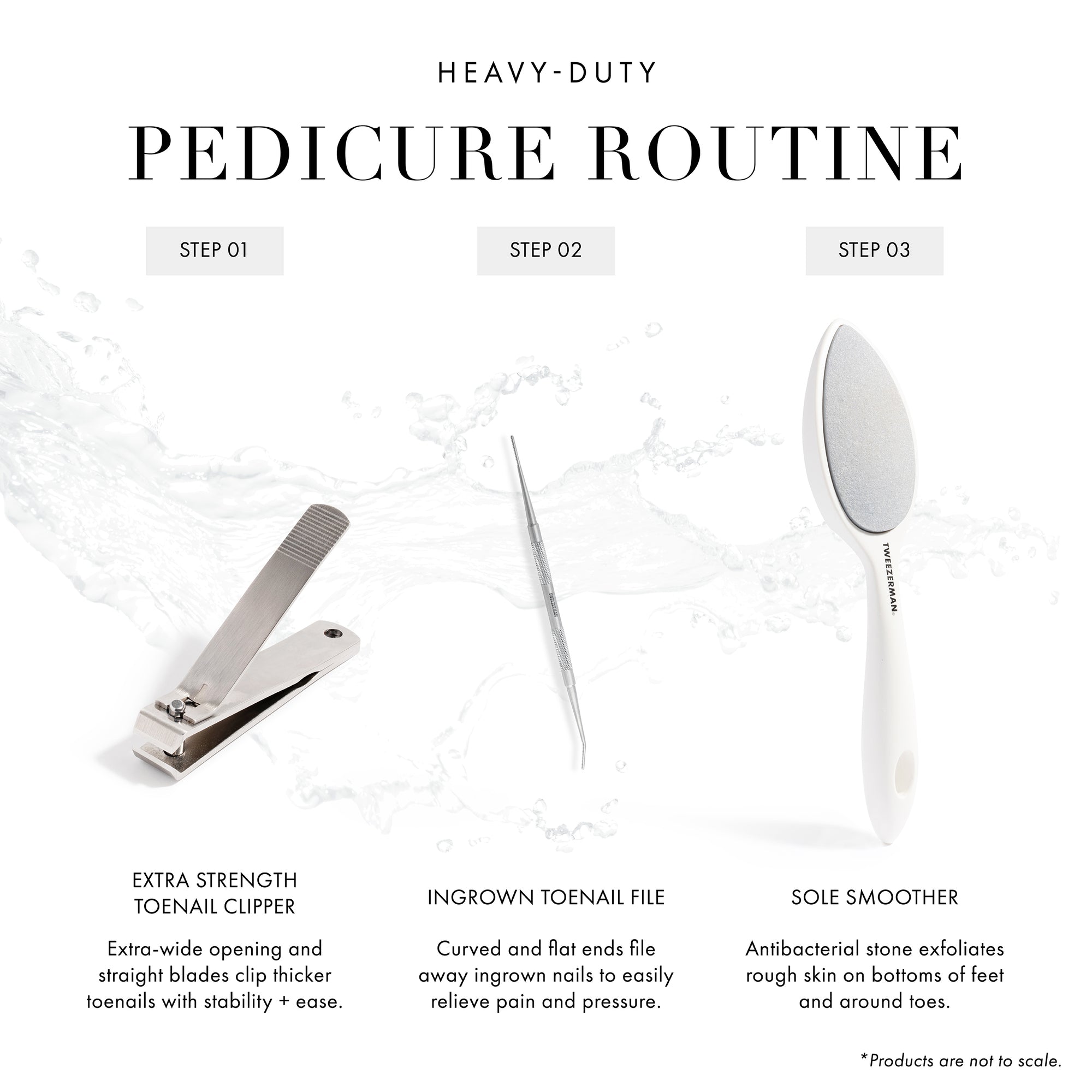 Heavy Duty Pedicure Routine. 
Step 1. Extra strength toenail clipper has an extra-wide opening and straight blades clip thicker toenails with stability and ease
Step 2. Ingrown toenail files curved and flat ends fiel away ingrown nails to easily relieve pain and pressure. 
Step 3. Sole smoothers antibacterial stone exfoliates rough skin on bottoms of feet and around toes. 

Products are not to scale.