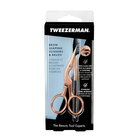 Front of Packaging for Rose Gold Brow Shaping Scissors and Brush