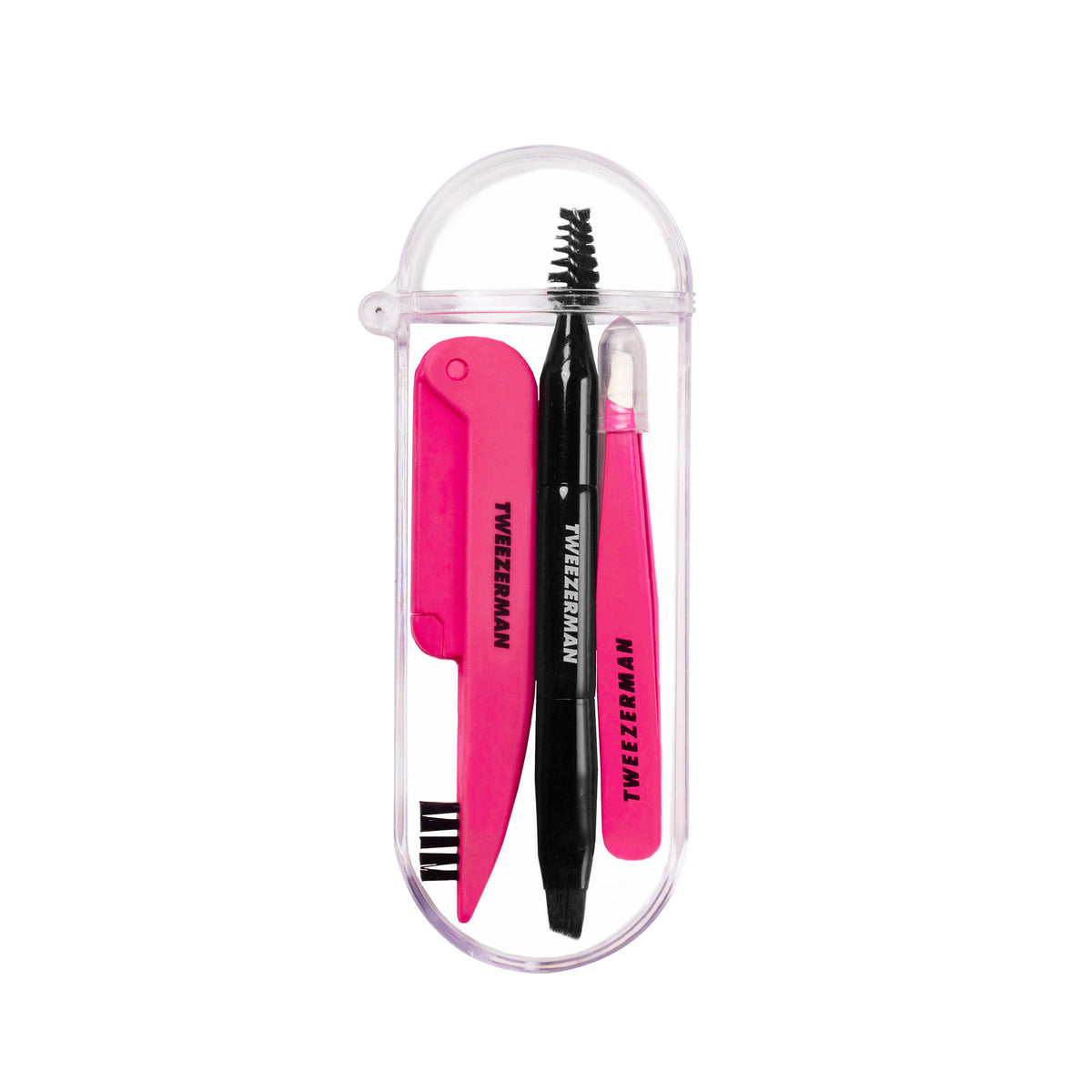 Mini Brow Rescue Kit including Mini Pink Slant Tweezer, Mini Angled Brow Brush and Pink Dual-sided Precision Folding Razor in a clear case