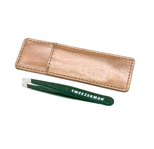 Enchanted Garden Mini Slant Tweezer in dark green with gold speckle finish and gold color carrying case